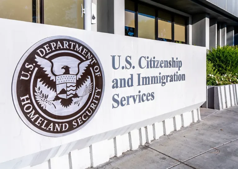USCIS building and Homeland Security seal